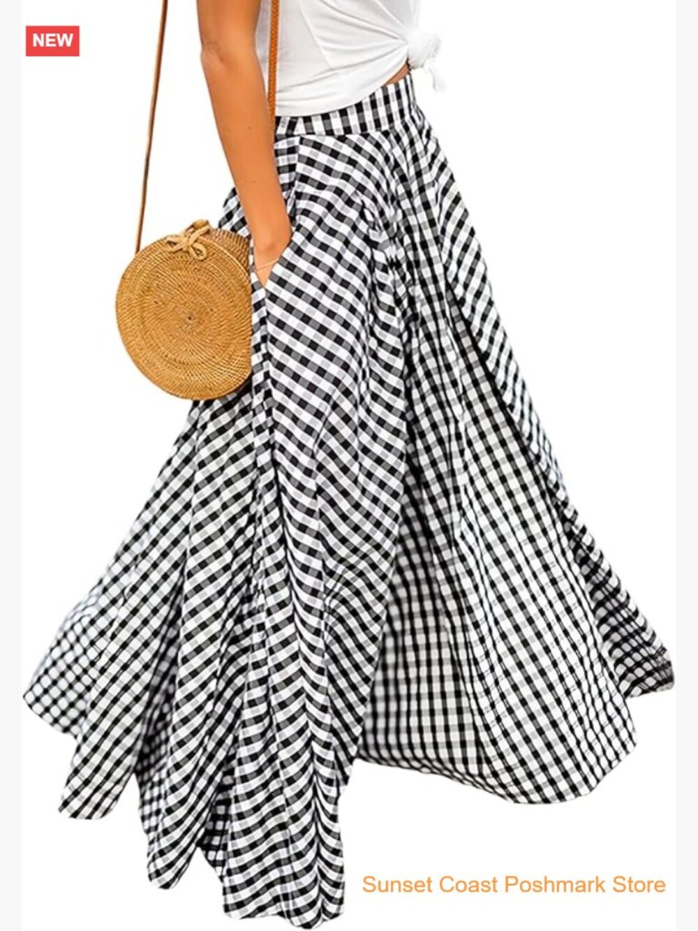 Gingham Maxi Skirt High Waist Pleated A Line Flowy Checkered Long Skirt